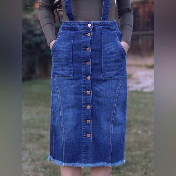 Tricot Denim Midi Skirt Button Front Pockets Frayed Hem Overalls Medium - Picture 1 of 10